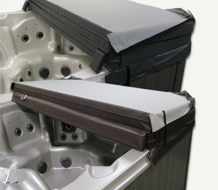 Two hot tub covers compared, one with standard steam stoppers and one with a full-length steam stopper along the hinge.