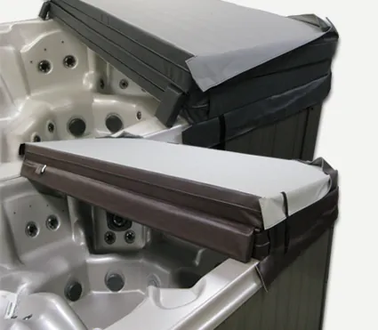 Two hot tub covers compared, one with standard steam stoppers and one with a full-length steam stopper along the hinge.