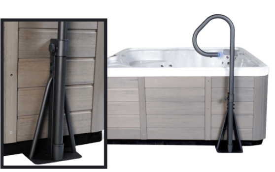 Spa handrail installation process showing mounted handrail next to a hot tub