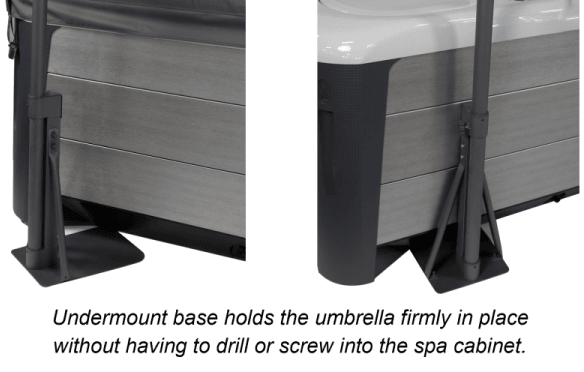 Undermount base for spa umbrella installation, showing secure mounting next to the hot tub