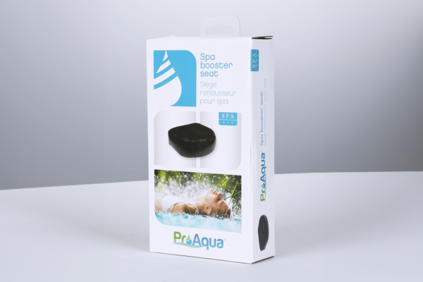 Spa booster seat in packaging, featuring ProAqua branding and a photo of the product in use