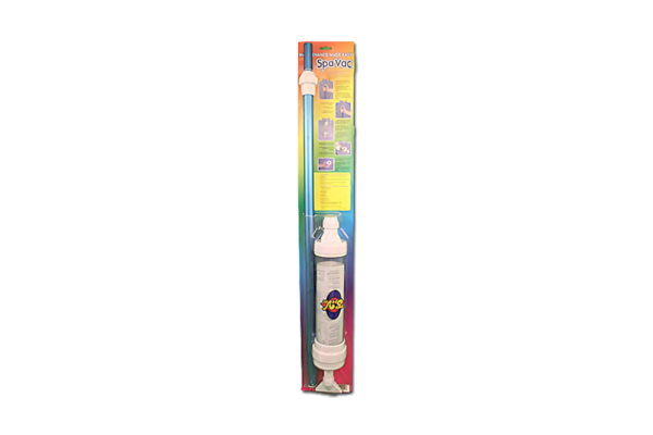 Gravity feed spa vacuum with packaging, designed for easy debris removal from hot tubs